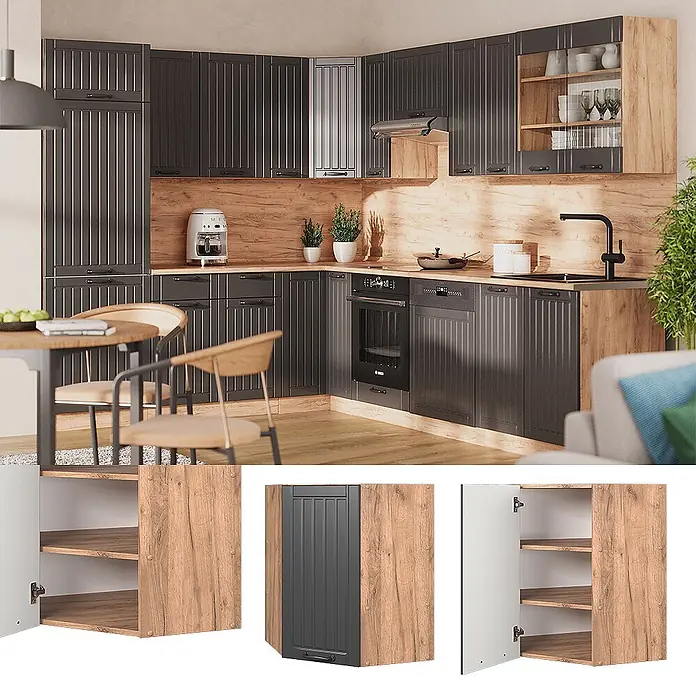 Vicco Schrankküche Fame-Line Dunkelgrau - Dunkelgrau, Eckhängeschrank 57 cm - Dunkelgraue und holzfarbene Eckküche mit gerippten Schranktüren, integrierten Geräten und Arbeitsplatten in Holzoptik.