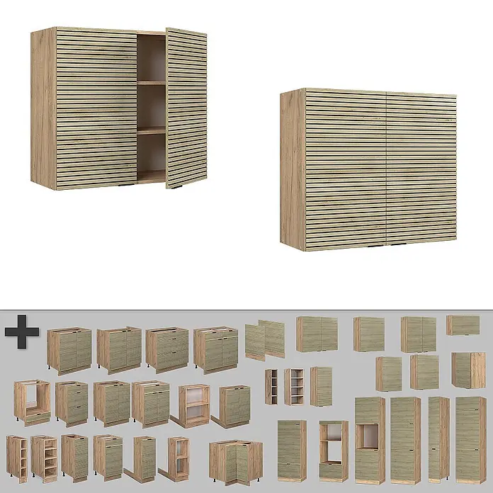 Vicco Schrankküche Fame-Line Eiche Paneel - Eiche Paneel, Hängeschrank 80 cm - Modulares Schrank-System in heller Holzoptik mit horizontal gerillten Fronten, offen und geschlossen in verschiedenen Konfigurationen.