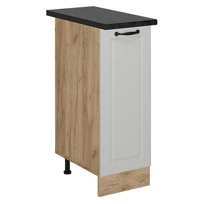 Vicco Schrankküche R-Line Weiß Landhaus, AP Anthrazit - Weiß Landhaus, Apothekerunterschrank 30 cm, AP Anthrazit - Küchenunterschrank: schwarze Platte, helle Holzseite, hellgraue Tür, schwarzer Griff. Verstellbare Füße, Holzsockel.