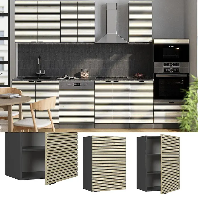 Vicco Schrankküche Fame-Line Eiche Paneel - Eiche Paneel, Hängeschrank 50 cm - Helle Lamellenholz- und dunkelgraue Küchenschränke in einer modernen Küche.