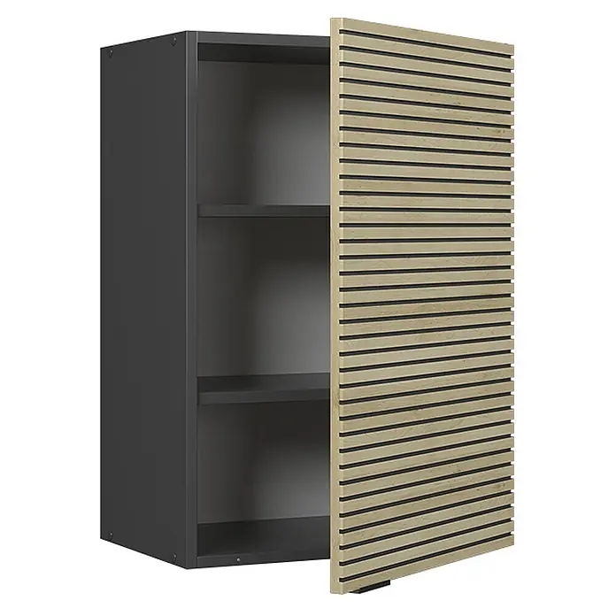 Vicco Schrankküche Fame-Line Eiche Paneel - Eiche Paneel, Hängeschrank 50 cm - Dunkelgrauer Wandschrank mit heller Holzlamellentür, leicht geöffnet, um zwei Regalböden zu zeigen.