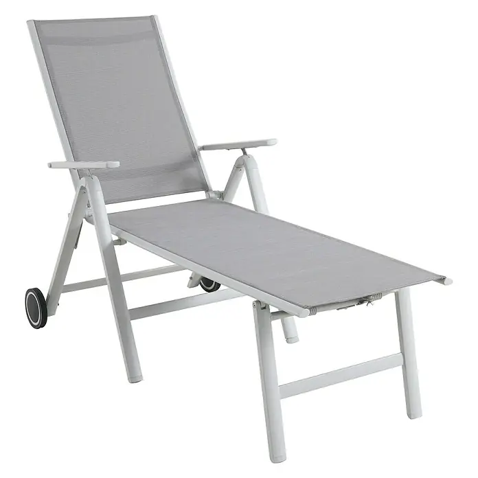 Sunfun Hannah Tumbona de jardín - 75 x 189 x 108 cm, Gris claro, Metal, Barra antivuelco - Tumbona gris con ruedas y estructura blanca. Ideal para el jardín o la terraza. Práctica y cómoda para relajarse.
