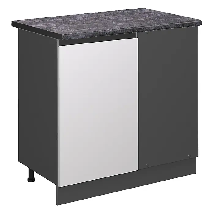 Vicco Eckunterschrank R-Line, Weiß, 86 cm -  - Dunkelgrauer Küchenunterschrank mit weißer Tür, dunkler, texturierter Arbeitsplatte und dunkelgrauer Sockelblende.