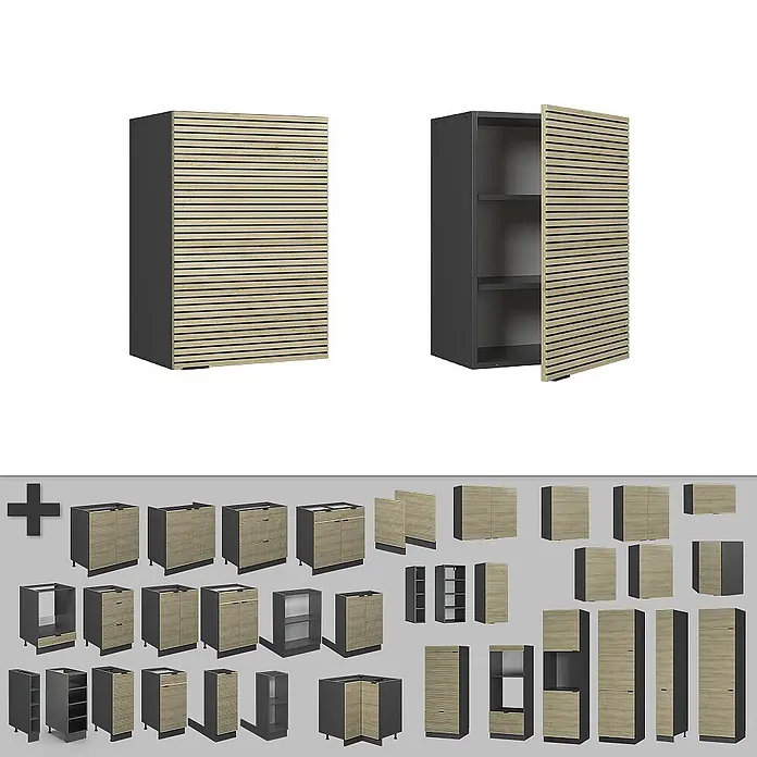 Vicco Schrankküche Fame-Line Eiche Paneel - Eiche Paneel, Hängeschrank 50 cm - Dunkelgraue Küchenschränke mit hellen Holzlamellenfronten, verschiedene Modultypen darstellend.