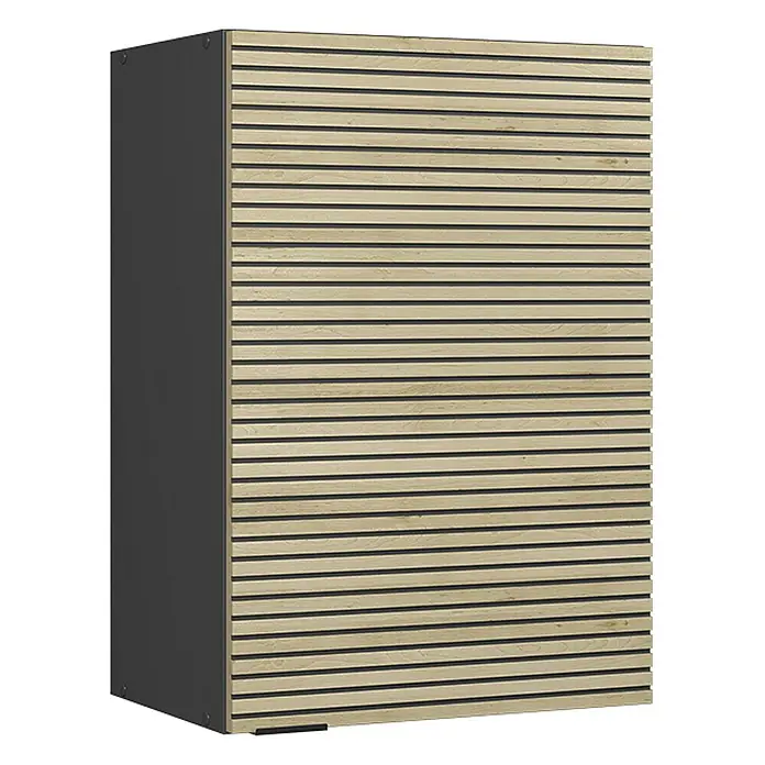 Vicco Schrankküche Fame-Line Eiche Paneel - Eiche Paneel, Hängeschrank 50 cm - Stauraumschrank mit Lamellenfront aus Naturholz und dunkelgrauen Seiten.