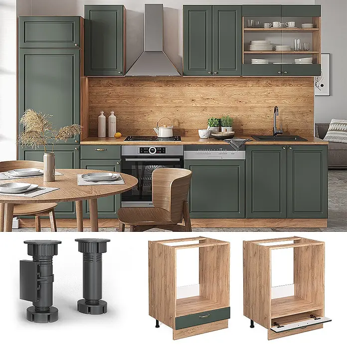 Vicco Schrankküche Fame-Line Grün-Gold Landhaus ohne Arbeitsplatte - Grün-Gold Landhaus, Herdumbauschrank 60 cm - Modulare Küchenschränke mit grünen Türen, Holzoptikrahmen, dunklen verstellbaren Füßen und Unterschränken für Einbaugeräte.