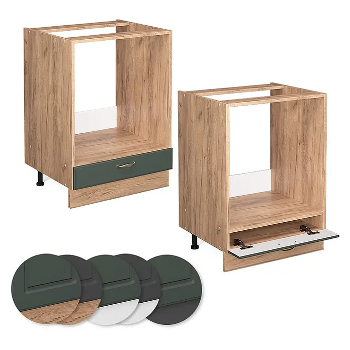 Vicco Schrankküche Fame-Line Grün-Gold Landhaus ohne Arbeitsplatte - Grün-Gold Landhaus, Herdumbauschrank 60 cm - Zwei Küchenunterschränke in heller Holzoptik für Einbaugeräte. Einer mit dunkelgrüner Schublade, der andere mit Klapptür. Farbmuster unten.