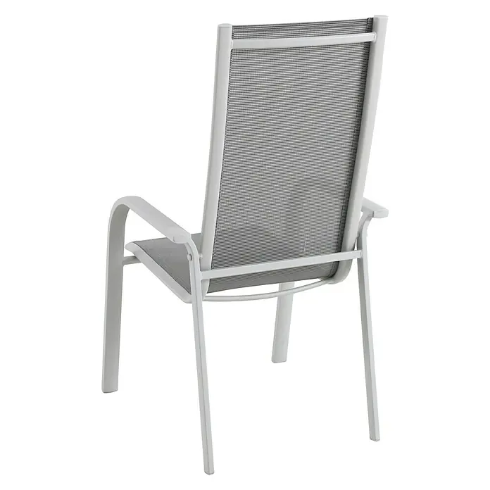Sunfun Hannah Silla de jardín - 69 x 59 x 110 cm, Gris, Apilable - Vista posterior de una silla de patio blanca con tela de malla gris para el asiento y el respaldo.