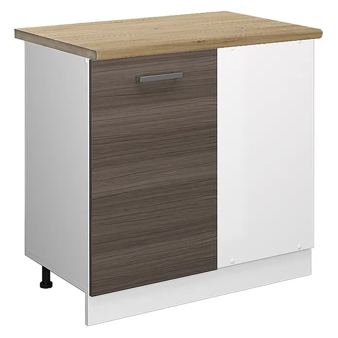 Vicco Schrankküche R-Line Edelgrau, AP Eiche - Edelgrau, Eckunterschrank 86 cm, AP Eiche - Zweifarbiger Küchenunterschrank mit heller Holzplatte, weißem Rahmen, dunkel gemaserter Tür und weißer Tür.