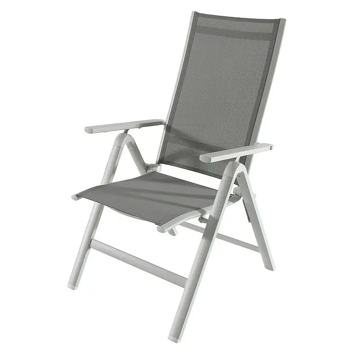 Sunfun Hannah Sillón de posiciones - 67 x 60 x 110 cm, Gris, Apilable - Silla plegable blanca con asiento y respaldo grises, perfecta para jardines o terrazas. El diseño ligero facilita su transporte.