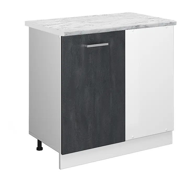 Vicco Schrankküche R-Line Schwarz Beton AP Marmor - Schwarz Beton, Eckunterschrank 86 cm, AP Marmor - Küchenunterschrank mit zwei Türen, weißer Marmorplatte, dunkelgrauer Tür und weißer Tür. Mit silbernem Griff und verstellbaren Füßen.