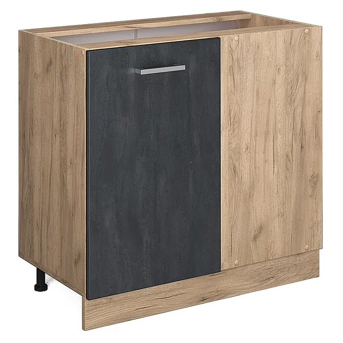 Vicco Schrankküche R-Line Schwarz Beton ohne Arbeitsplatte - Schwarz Beton, Eckunterschrank 86 cm - Zweifarbiger Küchenunterschrank mit hellem Holzdekor-Korpus, dunkelgrauer Tür und silbernem Griff. Mit verstellbaren Füßen.