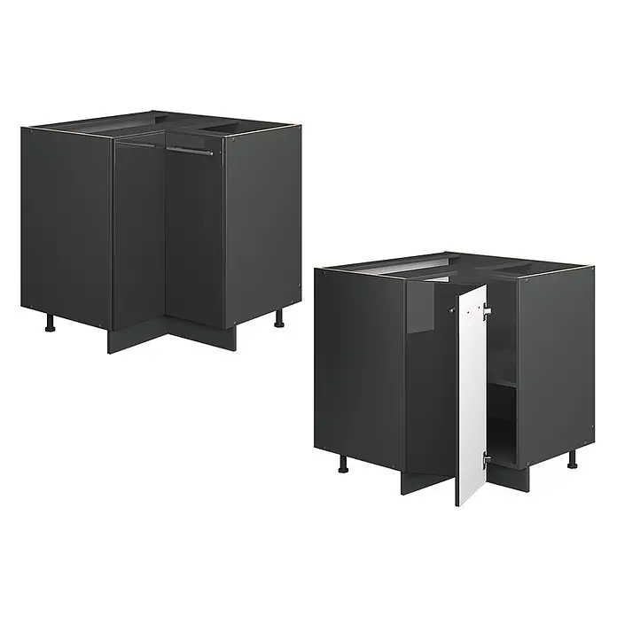 Vicco Eckunterschrank Fame-Line, Anthrazit Hochglanz, 80.5 cm -  - Dunkelgraue Küchen-Eckunterschränke, einer geschlossen und einer mit geöffneter Tür und Innenregalen.