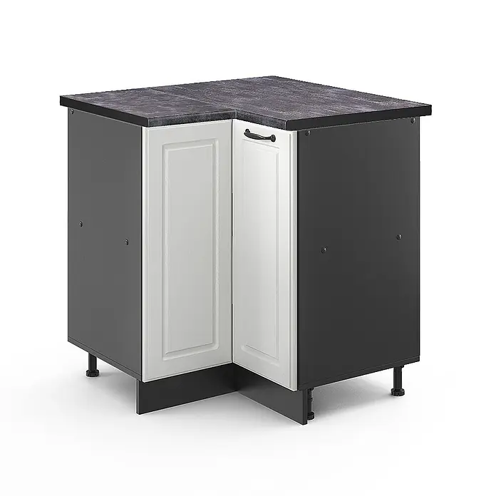 Vicco Schrankküche R-Line Weiß Landhaus, AP Anthrazit - Weiß Landhaus, Eckunterschrank - Eckküchenschrank mit dunkelgrauem Korpus, weißen Kassettentüren, dunklen Griffen und einer dunklen Steinoptik-Arbeitsplatte.