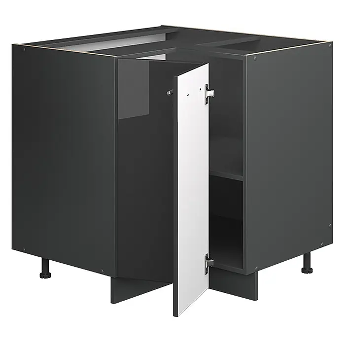Vicco Eckunterschrank Fame-Line, Anthrazit Hochglanz, 80.5 cm -  - Dunkelgrauer Eckunterschrank mit einer teilweise geöffneten weißen Tür, die Innenregale sichtbar macht. Mit verstellbaren Füßen.
