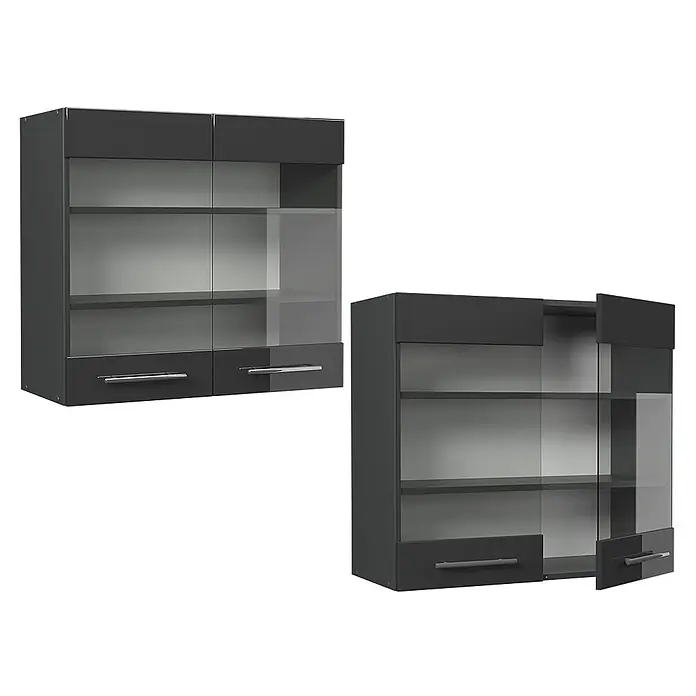 Vicco Schrankküche Fame-Line Anthrazit Hochglanz - Breite: 80 cm, Anthrazit Hochglanz, Hängeglasschrank 80 cm - Dunkelgrauer Wandschrank mit zwei Glastüren und zwei unteren Schubladen, geschlossen und teilweise geöffnet.