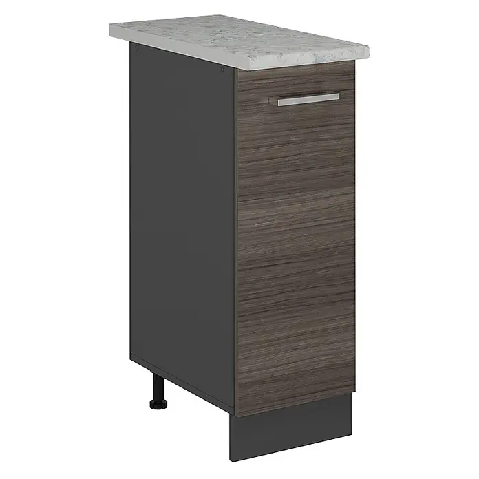 Vicco Schrankküche R-Line Edelgrau AP Marmor - Edelgrau, Apothekerunterschrank 30 cm, AP Marmor - Dunkelgrauer Unterschrank mit dunkler Holzmaserungstür, Metallgriff und heller Marmor-Optik-Arbeitsplatte.