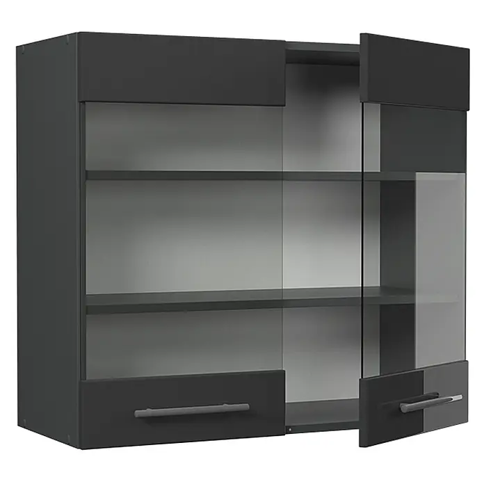 Vicco Schrankküche Fame-Line Anthrazit Hochglanz - Breite: 80 cm, Anthrazit Hochglanz, Hängeglasschrank 80 cm - Dunkelgrauer Hängeschrank mit Glastüren und unteren Schubladen.