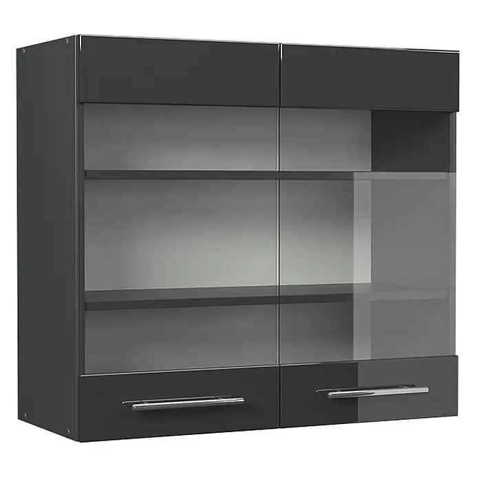 Vicco Schrankküche Fame-Line Anthrazit Hochglanz - Breite: 80 cm, Anthrazit Hochglanz, Hängeglasschrank 80 cm - Dunkelgrauer Hängeschrank mit Glastüren, Innenböden und zwei unteren Schubladen mit Griffen.