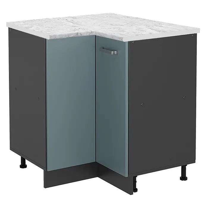 Vicco Schrankküche R-Line Blau-Grau AP Marmor - Blau-Grau, Eckunterschrank, AP Marmor - Eckunterschrank mit graublauen Türen, dunkelgrauem Korpus, weißer Marmor-Optik-Arbeitsplatte und silbernem Griff.