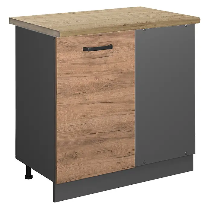 Vicco Schrankküche R-Line Goldkraft Eiche, AP Eiche - Goldkraft Eiche, Eckunterschrank 86 cm, AP Eiche - Küchenunterschrank mit heller Holzplatte, dunkelgrauem Korpus und einer holzgemaserten Tür mit schwarzem Griff.
