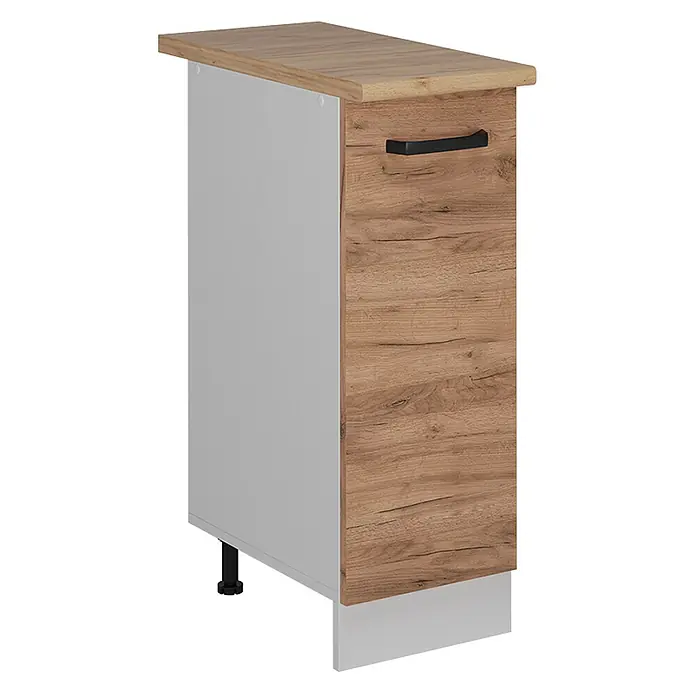 Vicco Schrankküche R-Line Goldkraft Eiche AP Eiche - Goldkraft Eiche, Apothekerunterschrank 30 cm, AP Eiche - Schmaler Küchenunterschrank mit Eicheneffekt-Platte und -Front, hellgrauer Seite, schwarzem Griff und weißer Sockelleiste.