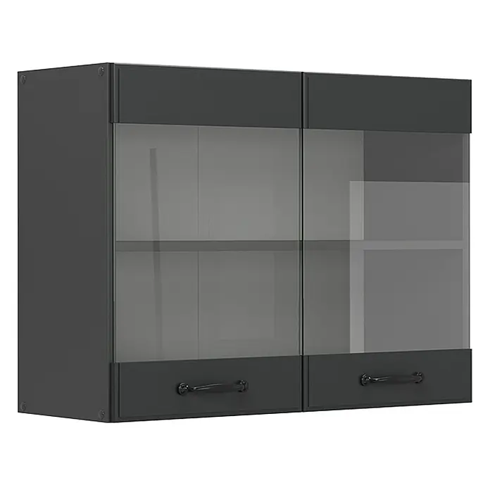 Vicco Schrankküche R-Line Anthrazit Landhaus - Breite: 80 cm, Anthrazit Landhaus, Hängeglasschrank 80 cm - Dunkelgrauer Wandschrank mit zwei Glastüren, dahinter Regale, und zwei unteren Fächern mit schwarzen Griffen.