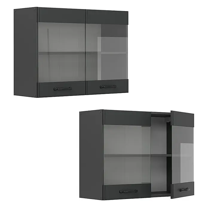 Vicco Schrankküche R-Line Anthrazit Landhaus - Breite: 80 cm, Anthrazit Landhaus, Hängeglasschrank 80 cm - Dunkelgrauer Hängeschrank mit Glastüren und zwei unteren Schubladen, eine Tür geöffnet.