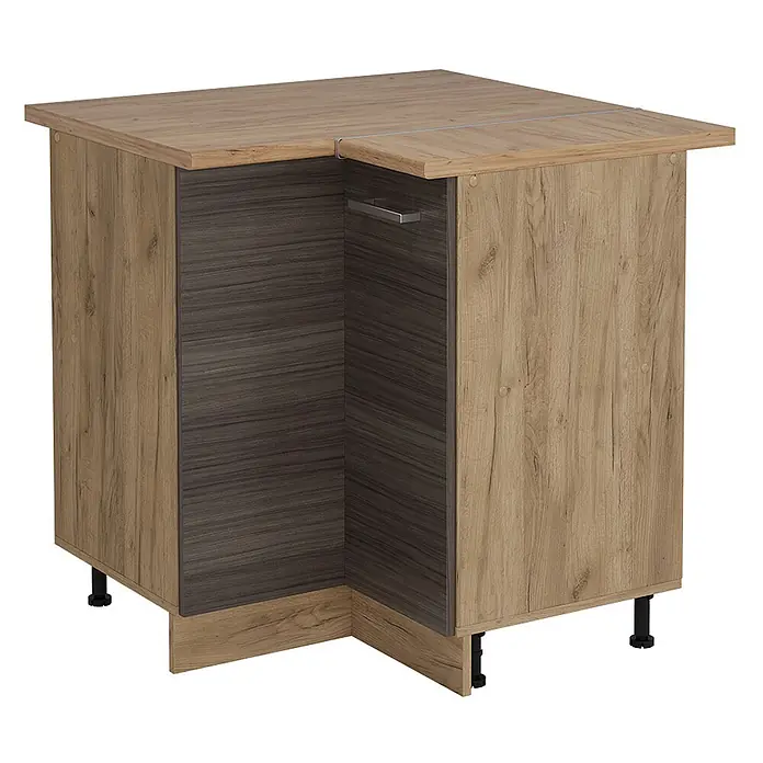 Vicco Schrankküche R-Line Edelgrau, AP Eiche - Edelgrau, Eckunterschrank, AP Eiche - L-förmiger Eckunterschrank mit heller Holzoptik-Platte und Seiten, dunklen Holzoptik-Innenpaneelen und Metallgriff auf verstellbaren Füßen.