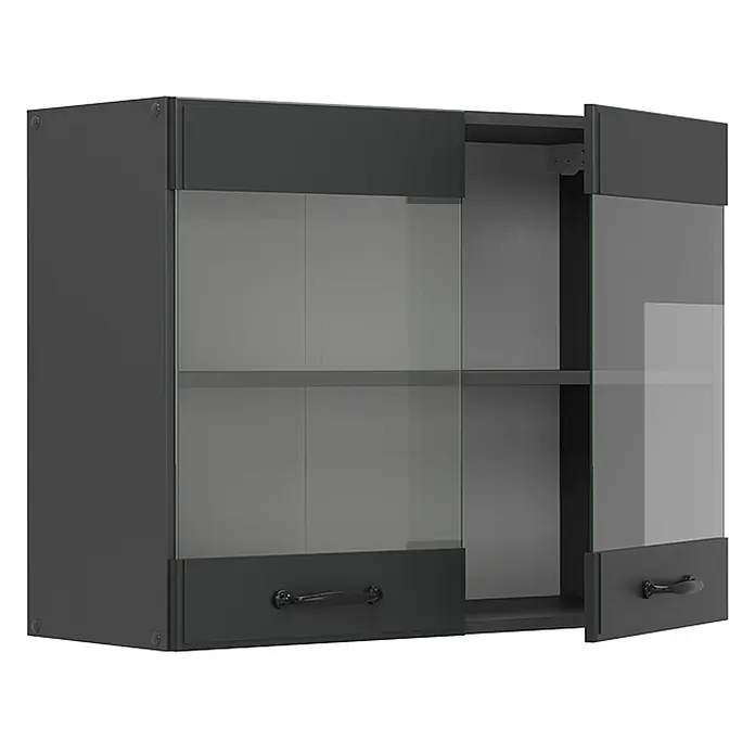 Vicco Schrankküche R-Line Anthrazit Landhaus - Breite: 80 cm, Anthrazit Landhaus, Hängeglasschrank 80 cm - Dunkelgrauer Wandschrank mit Glastüren und Bodenschubladen, eine Tür leicht geöffnet, die ein internes Regal zeigt.