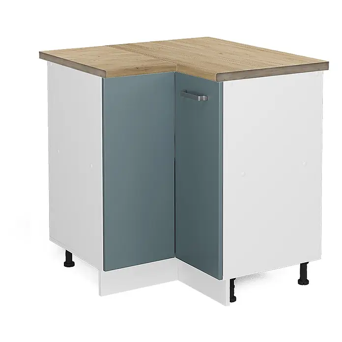 Vicco Schrankküche R-Line Blau-Grau, AP Eiche - Blau-Grau, Eckunterschrank, AP Eiche - Eckküchenunterschrank mit weißem Korpus, blaugrauen Türen, Holzplatte, silbernem Griff und weißer Sockelblende.