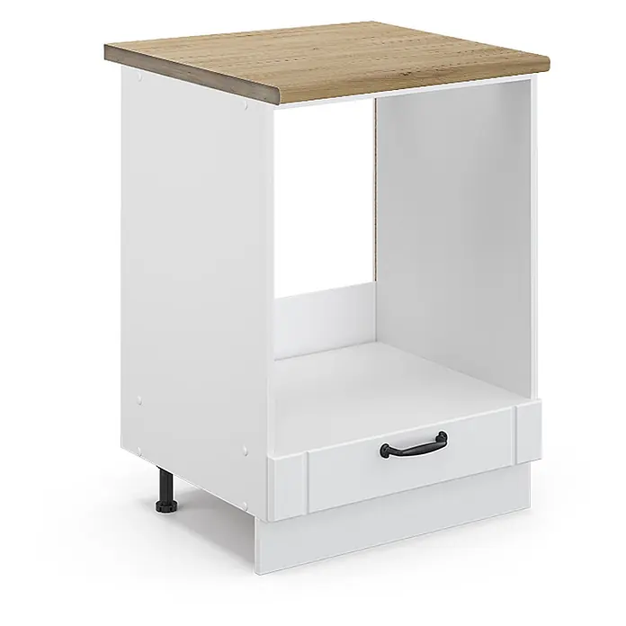 Vicco Schrankküche Fame-Line Weiß Landhaus, AP Eiche - Weiß Landhaus, Herdumbauschrank 60 cm - Weißer Küchenunterschrank mit heller Holzoptik-Platte, offenem Fach und Schublade mit schwarzem Griff, auf verstellbaren schwarzen Füßen.
