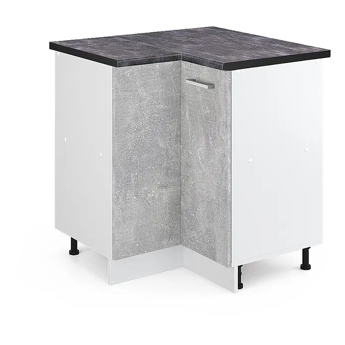 Vicco Schrankküche R-Line Beton, AP Anthrazit - Beton, Eckunterschrank, AP Anthrazit - Eckunterschrank mit weißem Korpus, grauer Betonoptik-Front, dunkler Arbeitsplatte und silbernem Griff.