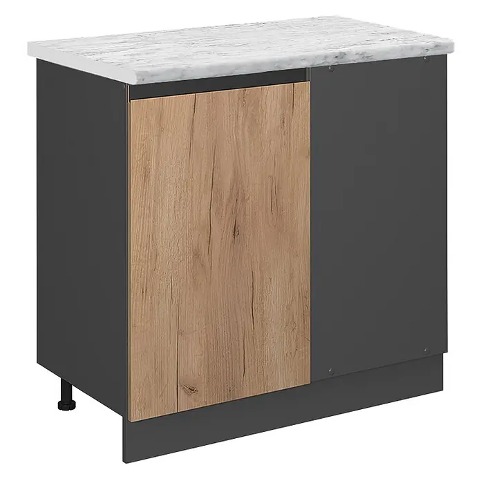 Vicco Schrankküche R-Line Goldkraft Eiche J-Shape AP Marmor - Goldkraft Eiche, Eckunterschrank 86 cm grifflos - Grauer Küchenunterschrank mit Holzoptik-Tür und weißer Marmoroptik-Arbeitsplatte.