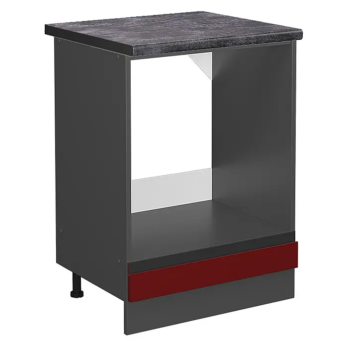 Vicco Schrankküche R-Line Rot J-Shape, AP Anthrazit - Rot, Herdumbauschrank 60 cm grifflos AP Anthrazit - Dunkelgrauer Küchenunterschrank mit dunkler gesprenkelter Arbeitsplatte, roter Dekorblende und Platz für ein Einbaugerät.
