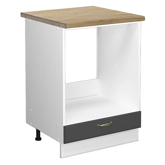 Vicco Schrankküche Fame-Line Anthrazit-Gold, AP Eiche - Anthrazit-Gold, Herdumbauschrank 60 cm, AP Eiche - Weißer Küchenunterschrank mit heller Holzplatte und dunkelgrauer Schublade, für ein Gerät konzipiert.