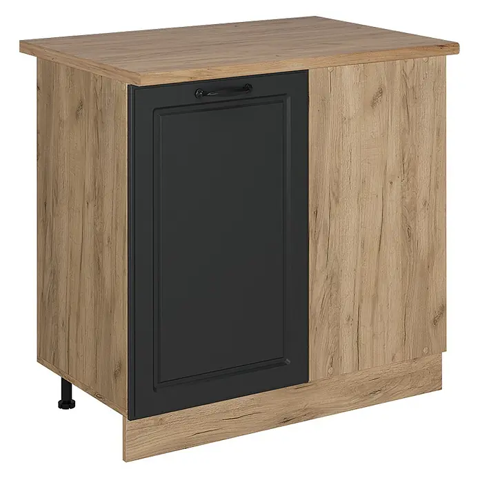 Vicco Schrankküche R-Line Anthrazit Landhaus, AP Eiche - Anthrazit Landhaus, Eckunterschrank 86 cm, AP Eiche - Kompakter Schrank in Holzoptik mit einer dunkelgrauen Paneeltür und Griff.