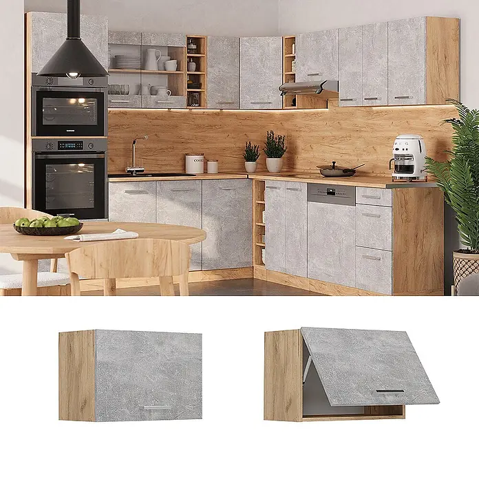Vicco Schrankküche R-Line Beton Flach - Beton, Hängeschrank 60 cm (flach) - Moderne Küche mit hellgrauen Betonoptik-Fronten und hellen Eicheneffekt-Rahmen. Mit Wand- und Unterschränken, integrierten Geräten, und Klapptürmechanismus.