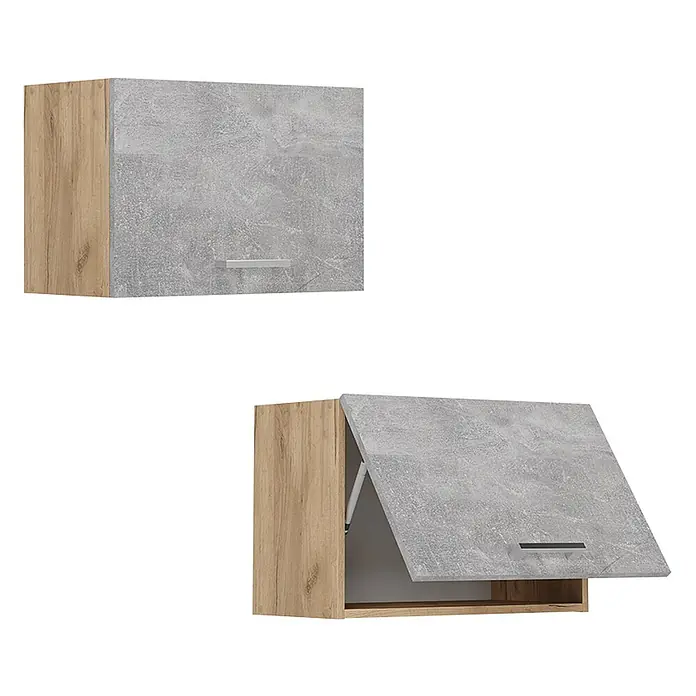 Vicco Schrankküche R-Line Beton Flach - Beton, Hängeschrank 60 cm (flach) - Wandschrank mit Holzoptik-Seiten und Betonoptik-Klapptür, geschlossen und geöffnet.