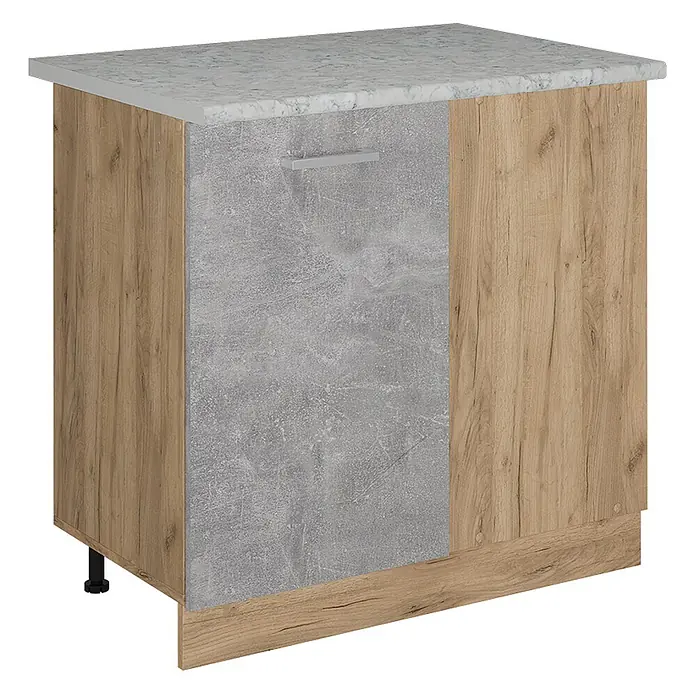 Vicco Schrankküche R-Line Beton AP Marmor - Beton, Eckunterschrank 86 cm, AP Marmor - Küchenunterschrank mit hellen Holzseiten, grauer Betonoptik-Front und heller Marmor-Arbeitsplatte.