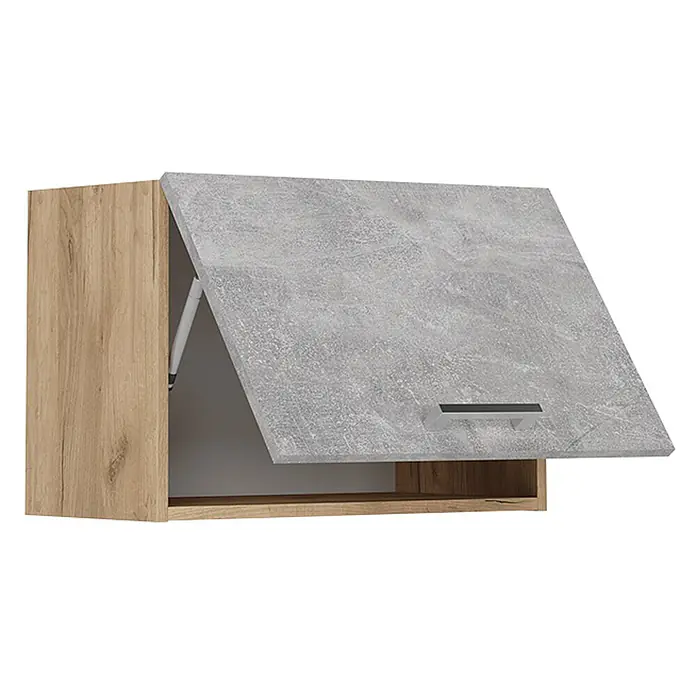 Vicco Schrankküche R-Line Beton Flach - Beton, Hängeschrank 60 cm (flach) - Wandschrank mit heller Holzseite und grauer Betonoptik-Klapptür, silberner Griff.