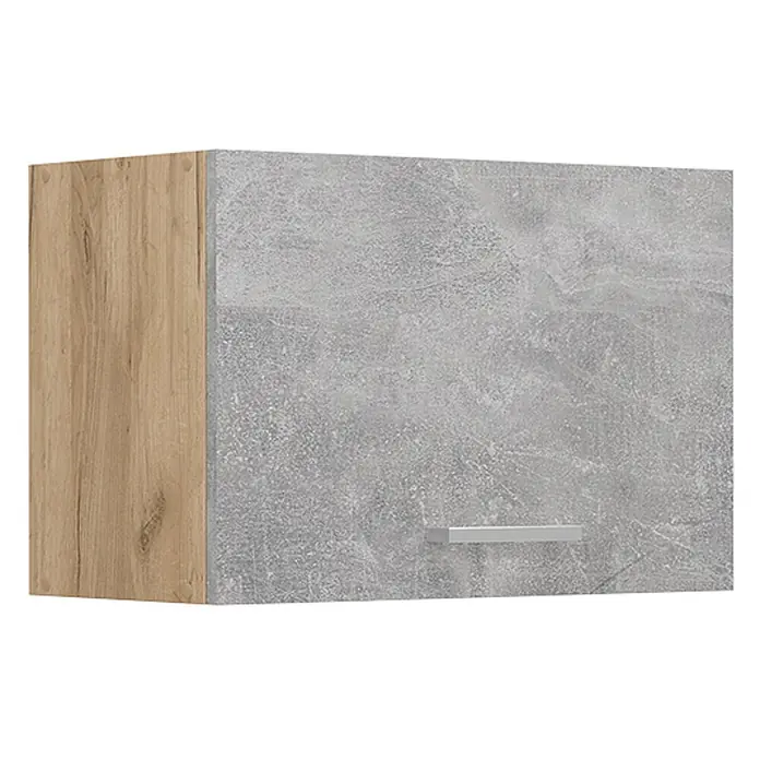 Vicco Schrankküche R-Line Beton Flach - Beton, Hängeschrank 60 cm (flach) - Hängeschrank mit heller Holzseitenwand und grauer Betonoptik-Frontplatte mit silbernem Griff.