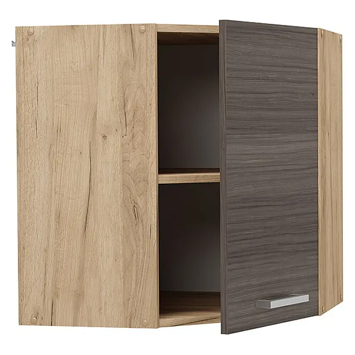 Vicco Schrankküche R-Line Edelgrau - Edelgrau, Eckhängeschrank 57 cm - Zweifarbiger Hängeschrank mit hellen und dunklen Holzmaserungstüren, eine geöffnet, zeigt zwei Einlegeböden.