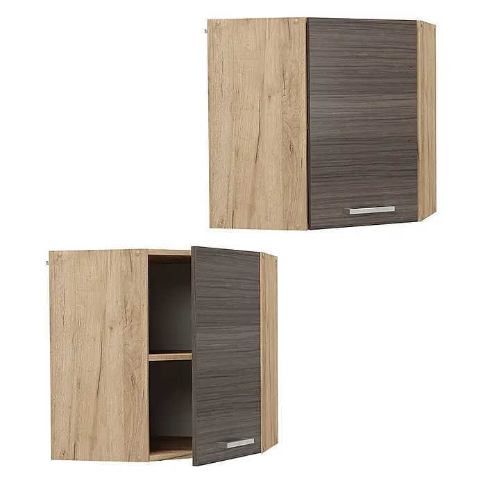 Vicco Schrankküche R-Line Edelgrau - Edelgrau, Eckhängeschrank 57 cm - Zweifarbiger Eck-Hängeschrank aus hellbraunem und dunkelgraubraunem Holz mit silbernen Griffen. Einer geschlossen, einer offen mit Regalböden.