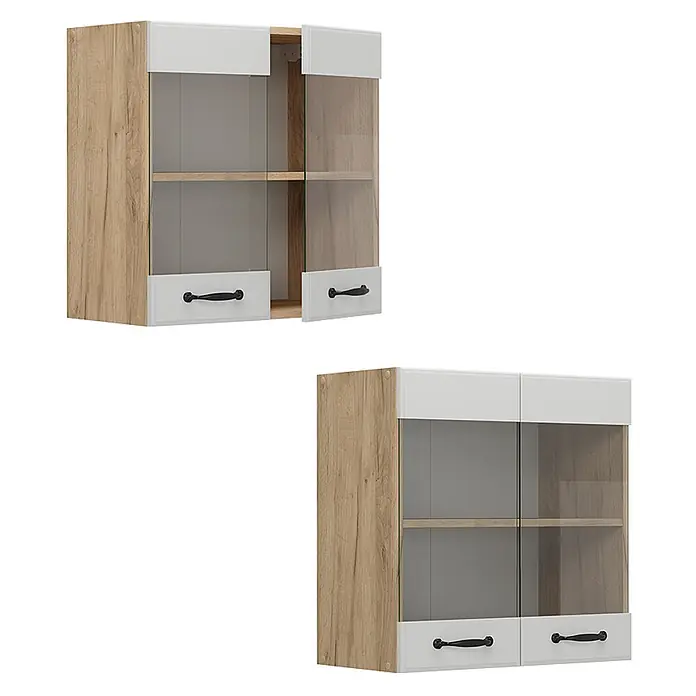 Vicco Schrankküche R-Line Weiß Landhaus - Weiß Landhaus, Hängeglasschrank 60 cm - Zweitüriger Wandschrank mit hellen Holzseiten, weißen Akzenten, Glastüren und schwarzen Griffen.