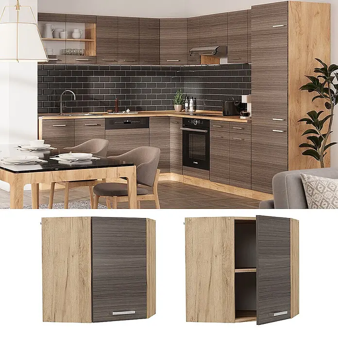 Vicco Schrankküche R-Line Edelgrau - Edelgrau, Eckhängeschrank 57 cm - Zweifarbige Küchenmöbel: helle und dunkle Holzfinishs, inklusive Eckwandschrank.