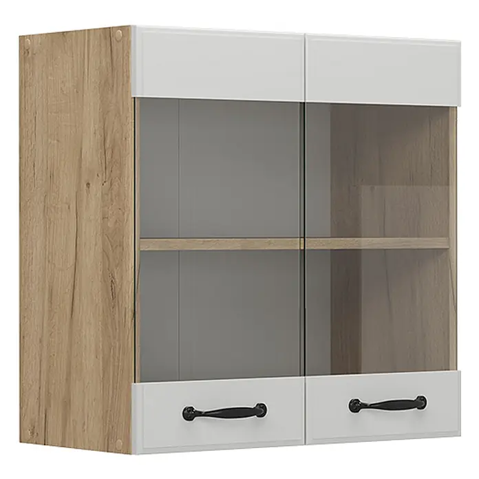 Vicco Schrankküche R-Line Weiß Landhaus - Weiß Landhaus, Hängeglasschrank 60 cm - Wandschrank mit Holzoptik-Seiten, weißen oberen Paneelen, Klarglas-Türen und weißen Schubladenfronten mit schwarzen Griffen.