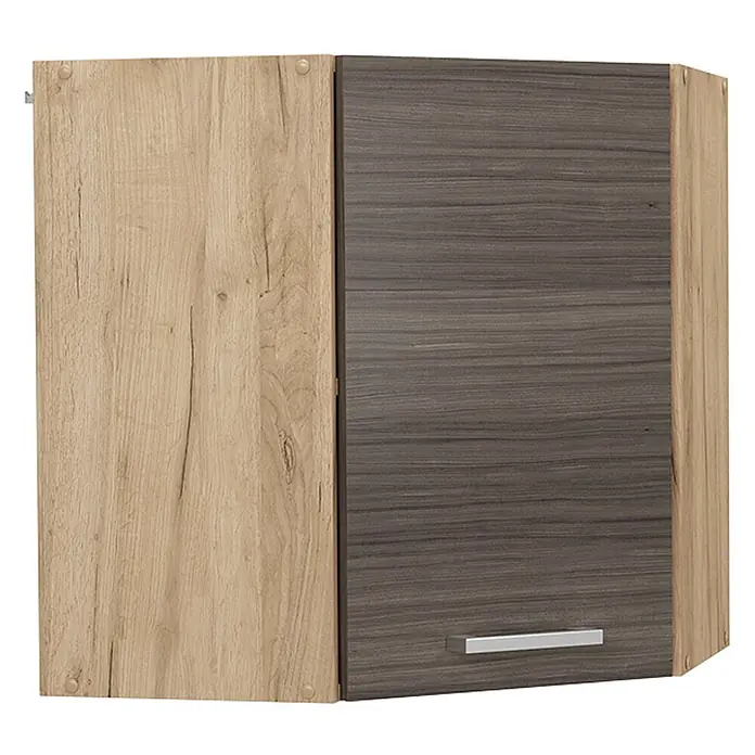 Vicco Schrankküche R-Line Edelgrau - Edelgrau, Eckhängeschrank 57 cm - Eck-Wandschrank mit zwei Türen: eine helle Holzmaserung, eine dunkle Holzmaserung mit silbernem Griff.