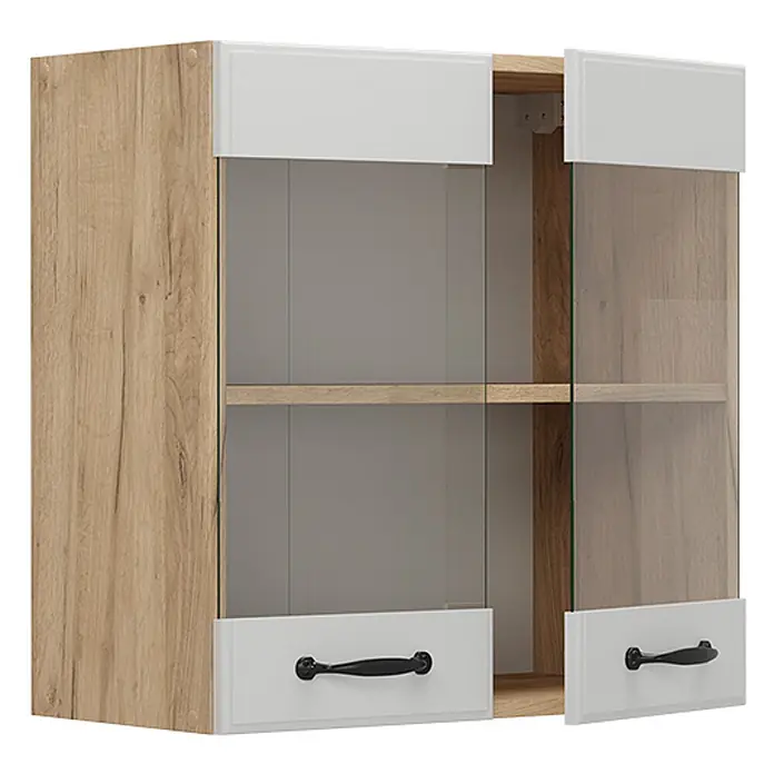 Vicco Schrankküche R-Line Weiß Landhaus - Weiß Landhaus, Hängeglasschrank 60 cm - Zweitüriger Hängeschrank in heller Holzoptik mit weißen Paneelen, Glastüren und schwarzen Griffen.