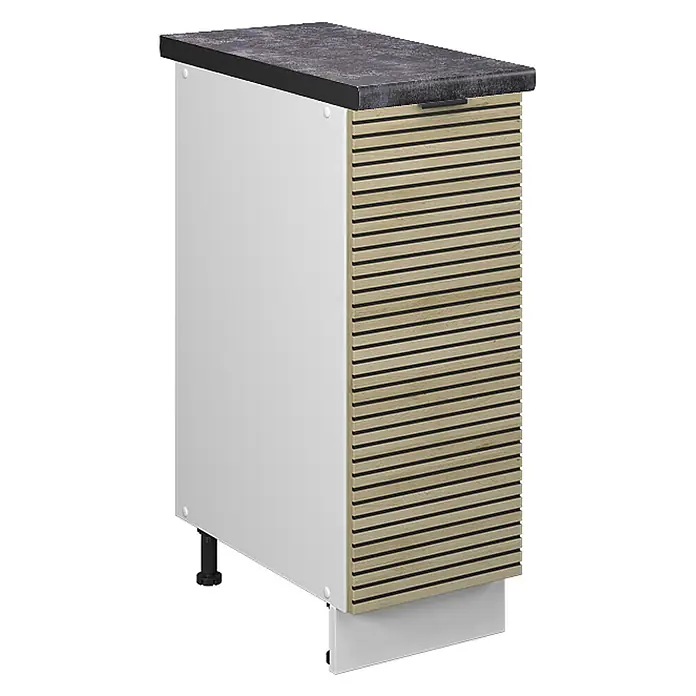Vicco Schrankküche Fame-Line Eiche Paneel, AP Anthrazit - Eiche Paneel, Apothekerunterschrank 30 cm, AP Anthrazit - Kleiner Schrank mit dunkler, strukturierter Platte, weißen Seiten und hellbrauner Lattenfront mit schwarzem Griff und verstellbaren Füßen.